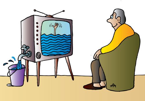 A TV with a tap has a person drowning on the screen.