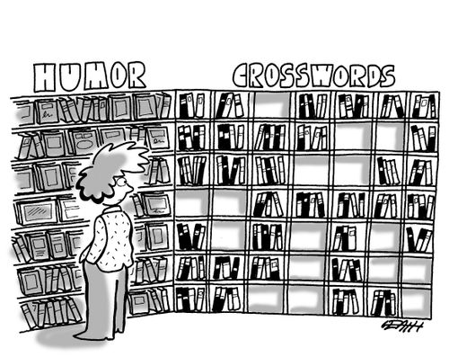 Bookshelves arranged like a crossword puzzle.