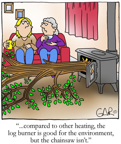 The log burner is good for the environment, but the chainsaw isn't.