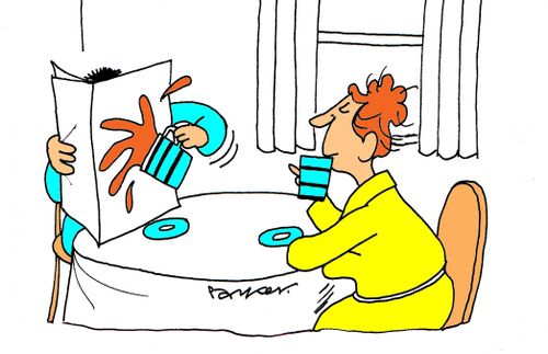 Husband splashing tea over newspaper.