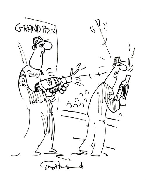 Driver at Grand Prix shooting another driver with the cork from champagne