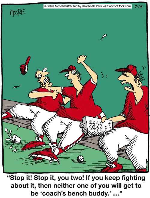 'Stop it! Stop it, you two! If you keep fighting about it, then neither one of you will get to be 'coach's bench buddy'...'