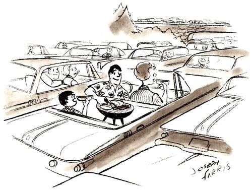 Family having barbecue in traffic jam.