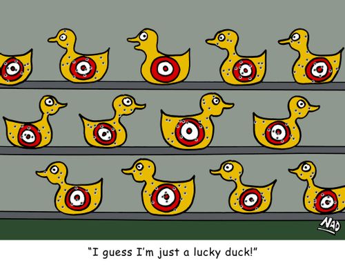 One duck in a shooting gallery has managed to avoid being shot - 'I'm guess I'm just a lucky duck!'