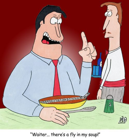 A man is eating soup in a restaurant and there's a zipper in his food - 'Waiter, there's a fly in my soup!'