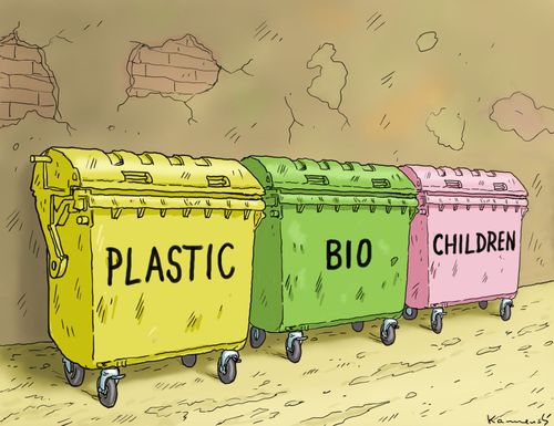 Waste separation: Plastic, Bio, Children.