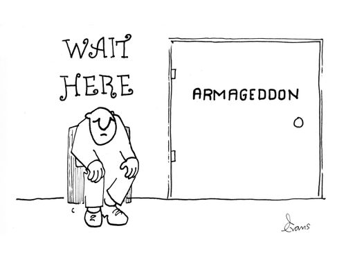 A man is sitting outside a door labelled - Armageddon.