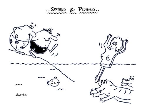 Crocodile tricks a Spiro and Pusho into the water.