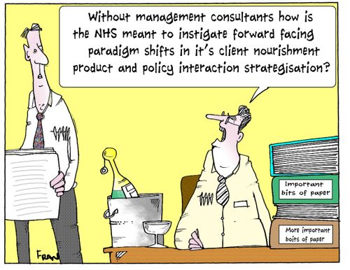 'Without management consultants how is the NHS meant to instigate forward facing paradigm shifts in it's client nourishment product and policy interaction strategisation?'