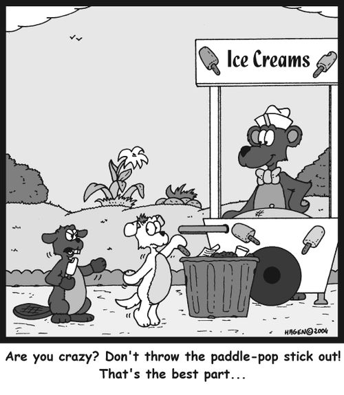 'Are you crazy? Don't throw the paddle-pop stick out! That's the best part...'