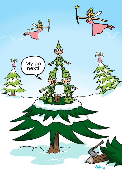 Evil elves trying to take advantage of Christmas tree fairies.