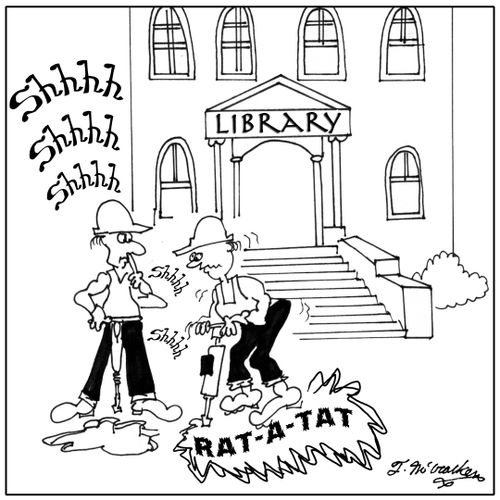 Construction workers building a library are all saying, 'shhh, shhh' to each other.