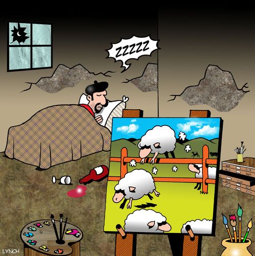 Artists paints sheep jumping over a fence to get sleepy.