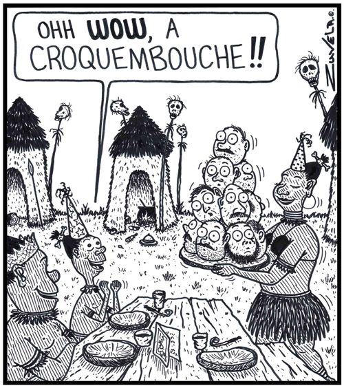 Young Cannibal Boy: 'Ohh WOW, a Croquembouche!!' An excited young Cannibal Boy about to receive a Croquembouche cake made of Explorers' and Missionaries' heads for his Birthday 