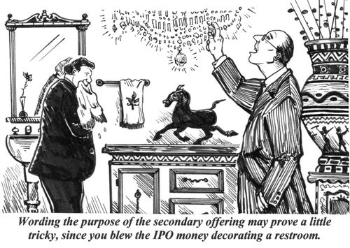 'Wording the purpose of the secondary offering may prove a little tricky, since you blew the IPO money decorating a restroom.'