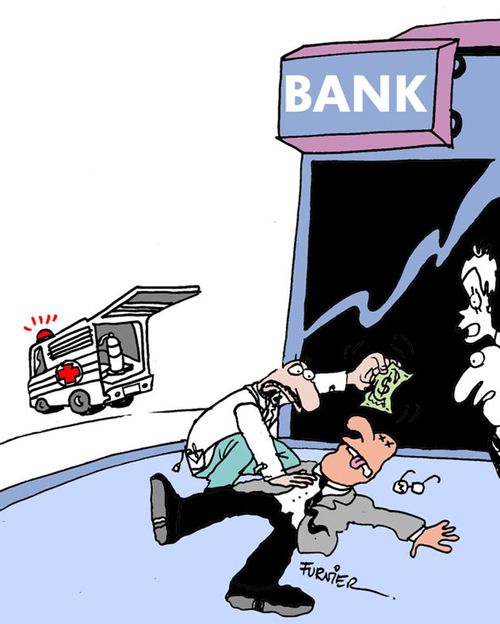 Fanning a man who's passed out with money.