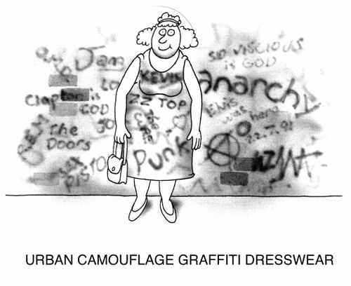 Woman by wall in dress, "Urban camouflage :graffiti dresswear"
