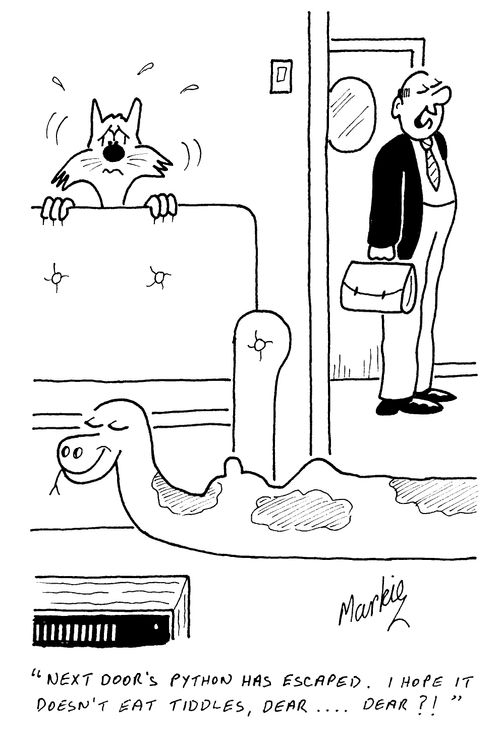 "Next door's Python has escaped. I hope it doesn't eat Tiddles, Dear....Dear?!"