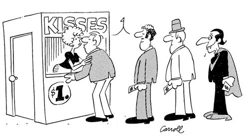Dracular standing in a que for 'Kisses'