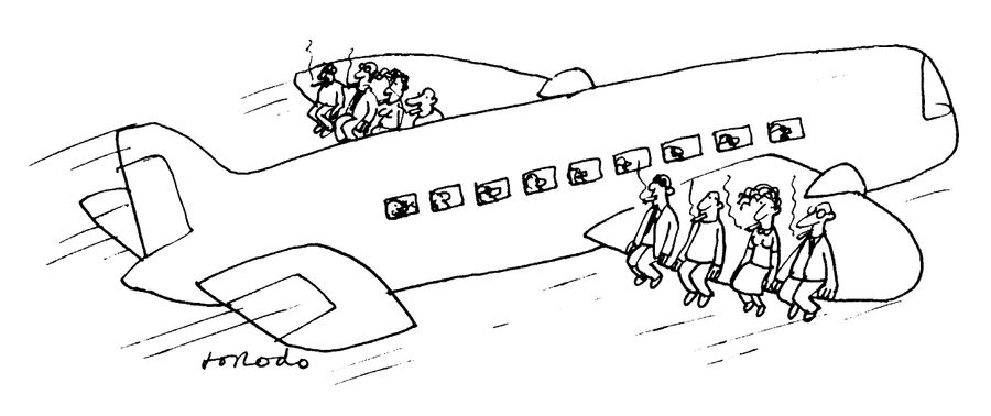 Smokers smoking outside of a plane.
