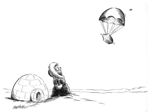 Inuit post arriving by parachute.
