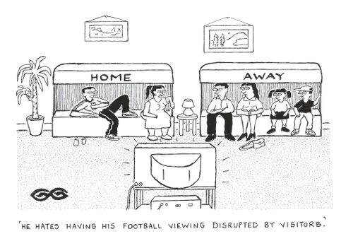 'He hates having his football viewing disrupted by visitors.' (Home and away dugouts in room).