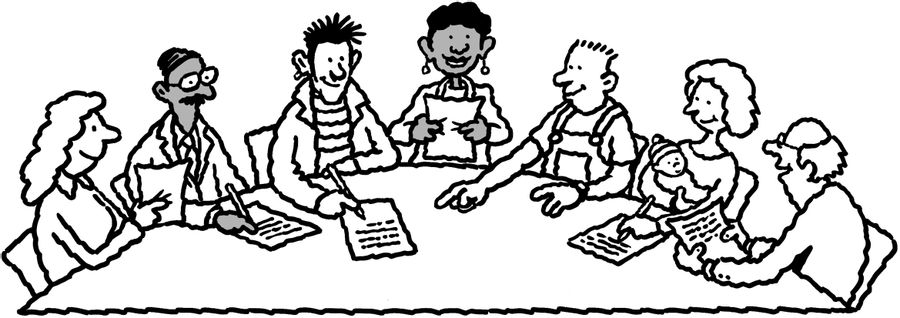 Variety of people having a meeting around a table.