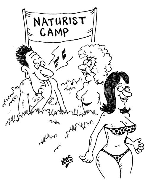 Male nudist whistles at a woman in a bikini.