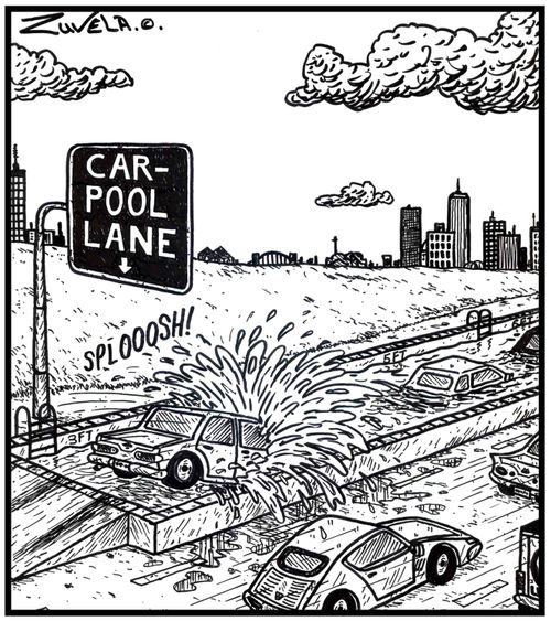 Carpool lane (a car driving into a long pool).  