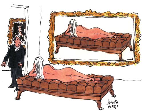 Woman lying on a couch admiring her portrait.