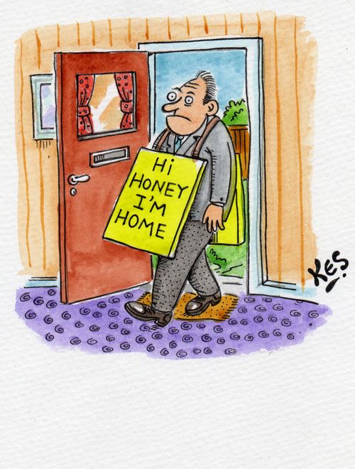 A man enters house wearing a sandwich board, which reads: Hi honey I'm home.