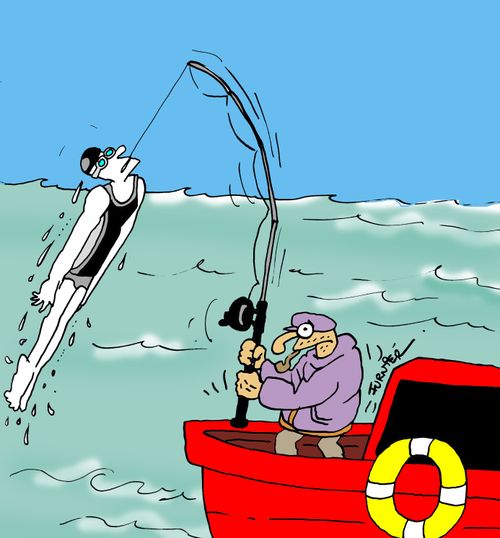 Fisherman catches swimmer.