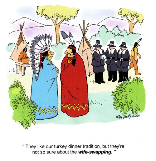 'They like our turkey dinner tradition, but they're not so sure about the wife-swapping.'