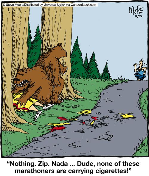 'Nothing. Zip. Nada... Dude, none of these marathoners are carrying cigarettes!'