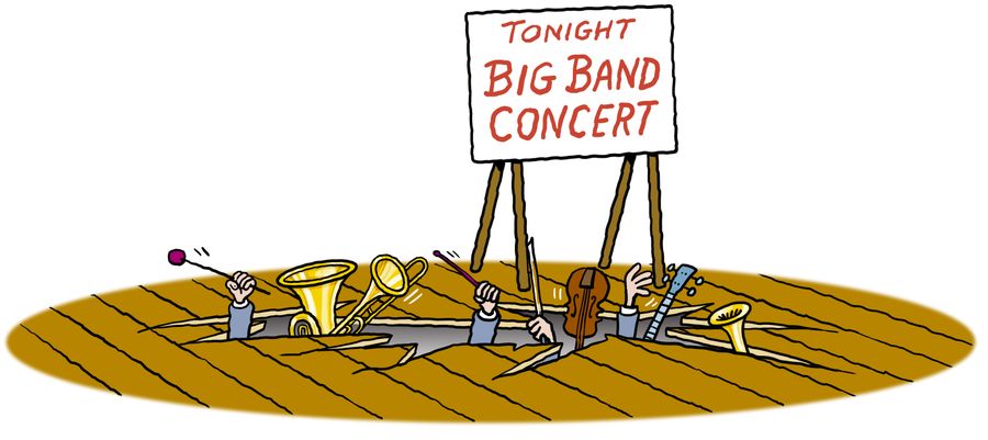 A band falls through a hole in the bandstand.