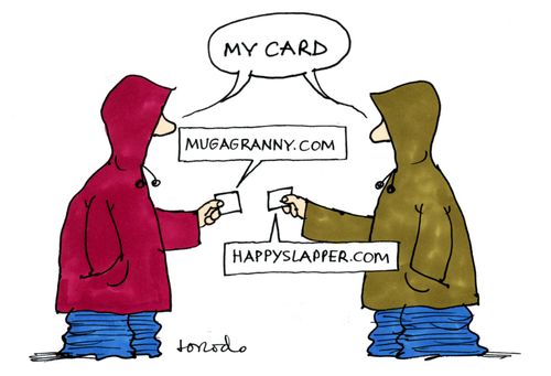 Hoodies exchanging business cards - mugagranny.com and happyslapper.com.