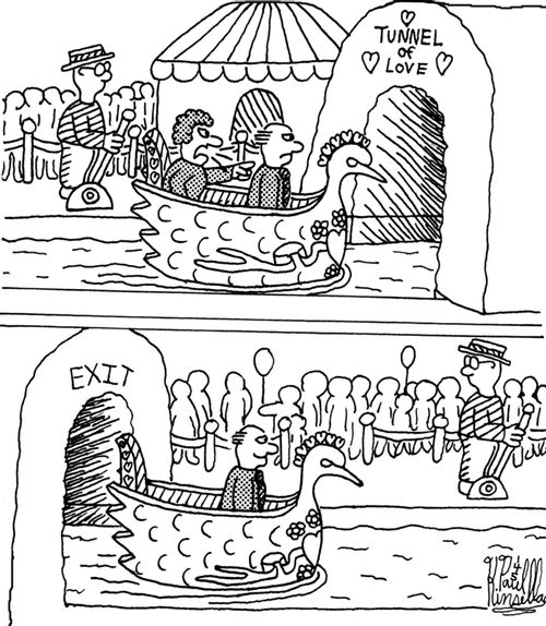 Man enters the 'Tunnel of Love' with a nagging wife, but exits alone.