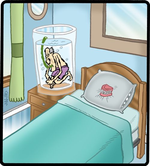 False teeth and old man in reverse roles.