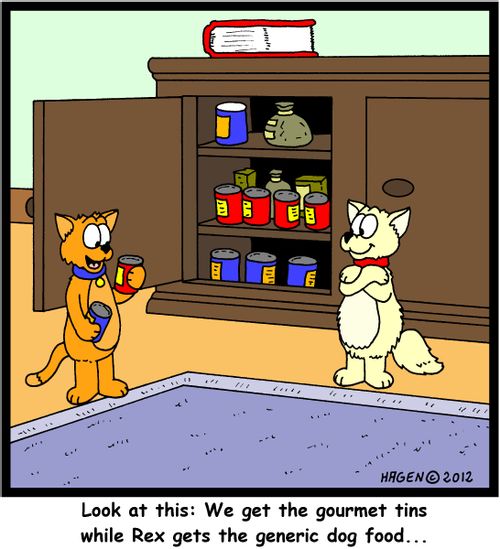 'Look at this: We get the gourmet tins while Rex gets the generic dog food...'
