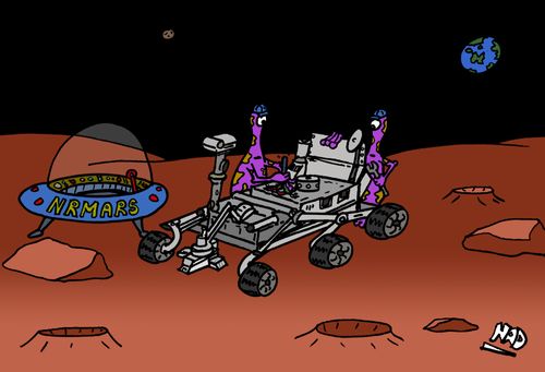 Two alien mechanics work on Curiosity. 