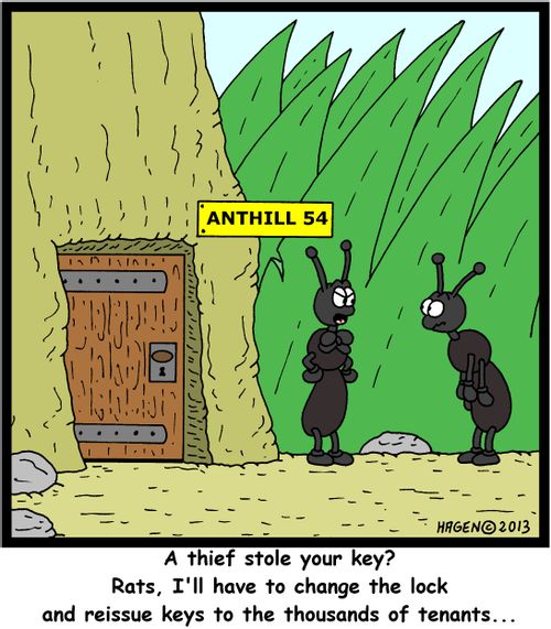 'A thief stole your key? Rats, I'll have to change the lock and reissue keys to the thousands of tenants...'
