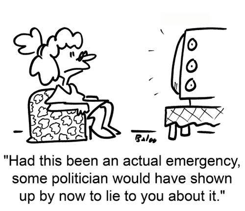 'Had this been an actual emergency, some politician would have shown up by now to lie to you about it.'