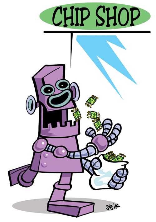 Robot eats some chips from the chip shop.