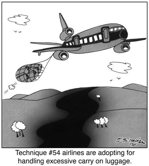 Technique #54 airlines are adopting for handling excessive carry on luggage.