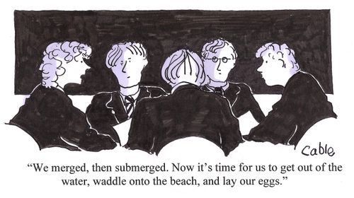 'We merged, then submerged. Now it's time for us to get out of the water, waddle onto the beach, and lay our eggs.'