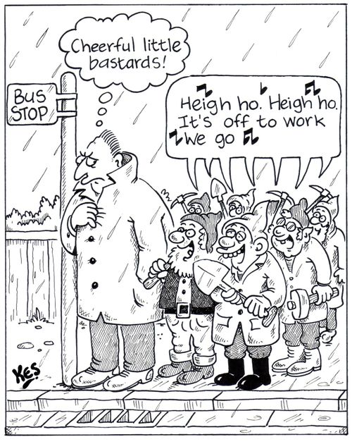 Seven dwarfs sing at bus stop in the pouring rain, to the annoyance of another commuter.
