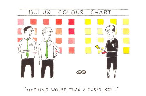 'Nothing worse than a fussy ref!' (Football referee matching cards with colour chart).