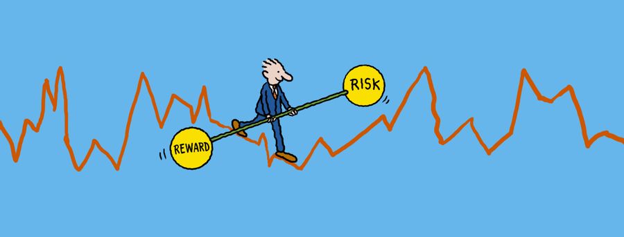 Investor walks tightrope graph balancing risk and reward.