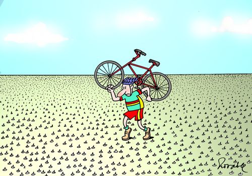Carrying a bike over drawing pins.