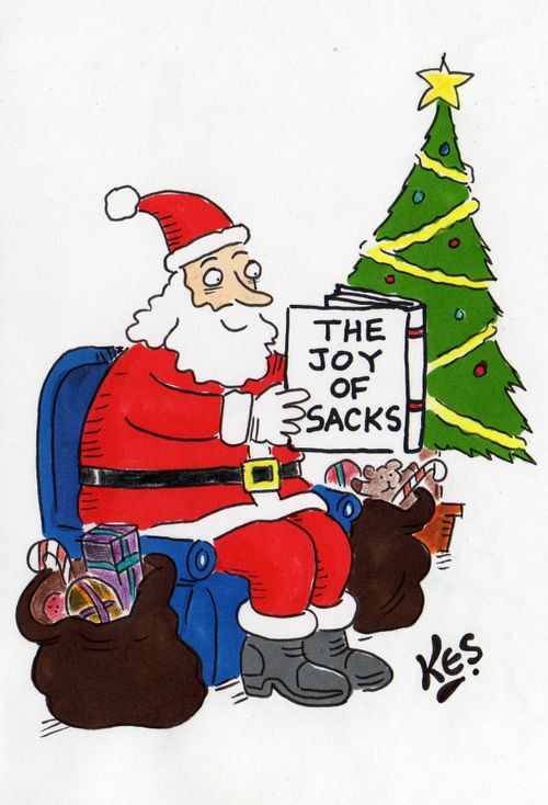 Santa reads book: The Joy of Sacks.